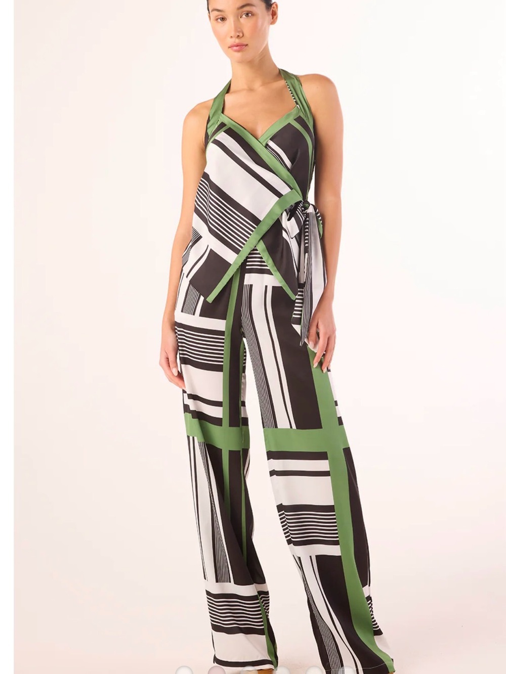 Misa Los Angeles Black, White & Green Geometric Wide-Leg Wrap Jumpsuit